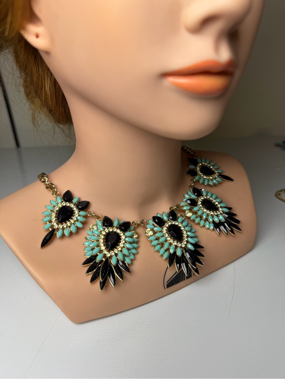 Gold-Tone Floral Statement Necklace in Turquoise and Black by